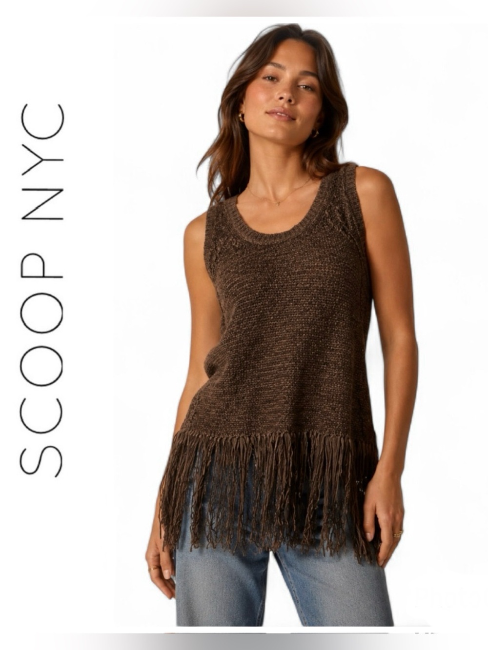 Scoop NYC Brown Knit Sleeveless Sweater Top with Fringe - Size Small